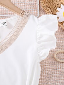 Vestido De Cinturón De Manga De Volantes Con Ribete En Contraste Para Niña Adolescente - Blanco - Ver 6