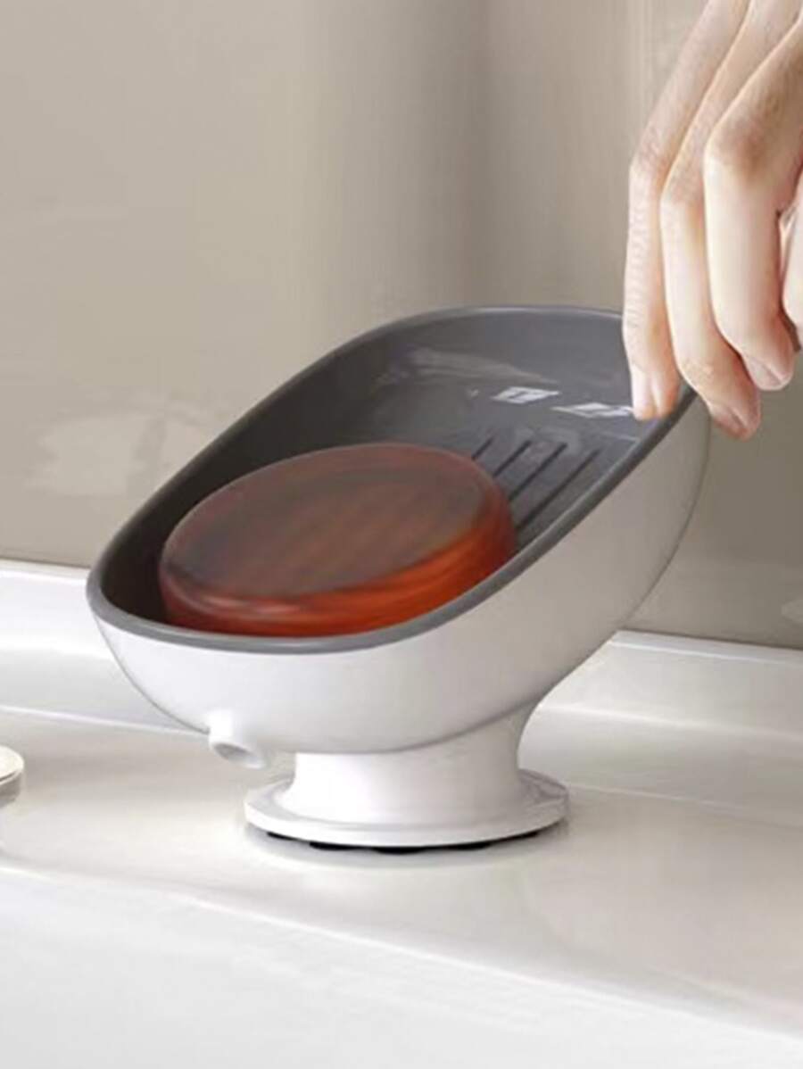 1 pieza jabonera con agua de drenaje para baño de súper ventosa, soporte de jabón, soporte de esponja de cocina, contenedor de jabón, suministros de baño - Gris - Ver 1