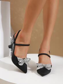 Rhinestone & Bow Decor Satin Multi-way Wear Pumps - Black - View 4