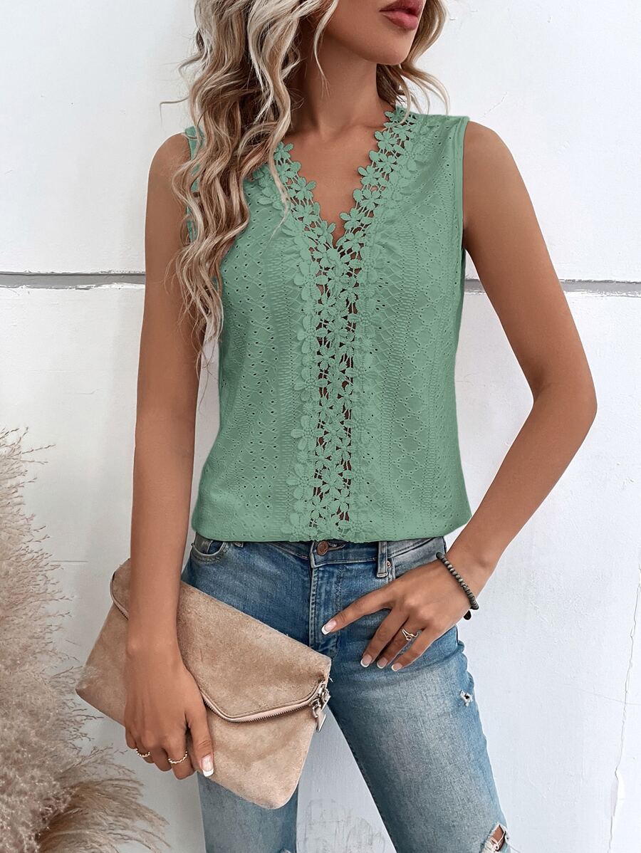 SHEIN LUNE Swiss Dot Guipure Lace Panel Tank Top - Mint Green - View 1