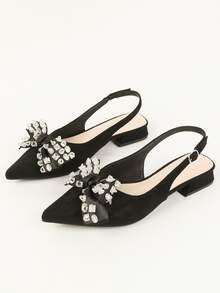 Rhinestone & Bow Decor Point Toe Velvet Slingback Flats - Black - View 3