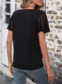 SHEIN LUNE Contrast Lace Butterfly Sleeve V Neck Tee - Black - View 3