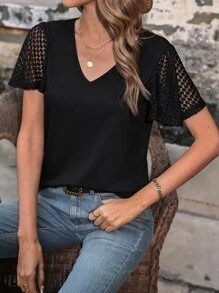 SHEIN LUNE Contrast Lace Butterfly Sleeve V Neck Tee - Black - View 1