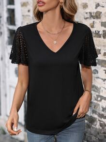 SHEIN LUNE Contrast Lace Butterfly Sleeve V Neck Tee - Black - View 6