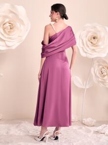 Modelyn Asymmetrical Neck Pearls Strap Ruched Satin Dress - Purple - View 2