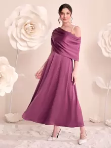 Modelyn Asymmetrical Neck Pearls Strap Ruched Satin Dress - Purple - View 3