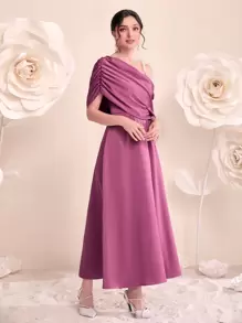 Modelyn Asymmetrical Neck Pearls Strap Ruched Satin Dress - Purple - View 4