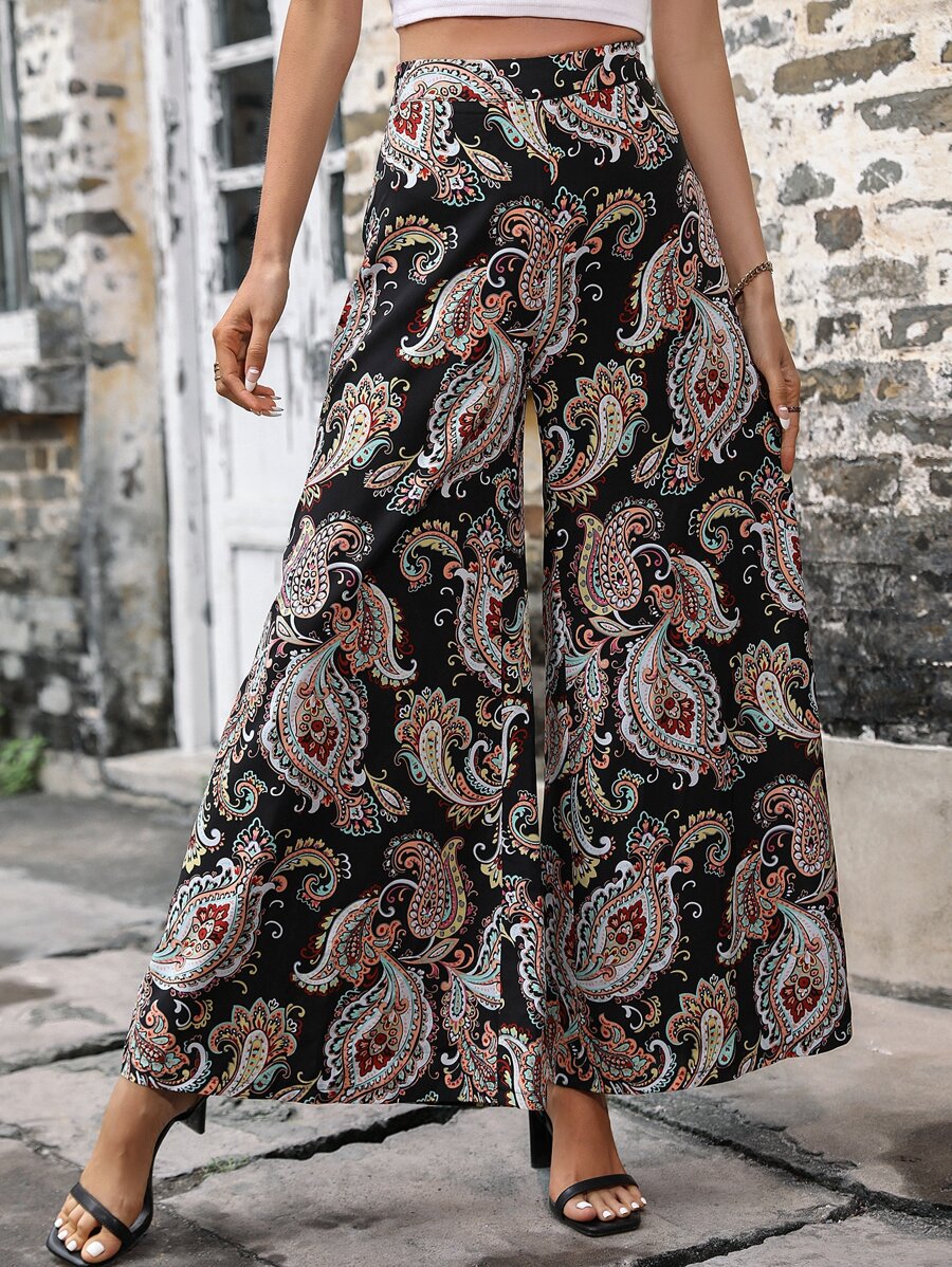SHEIN LUNE Pantalones de pierna ancha con estampado de paisley - Negro - Ver 1