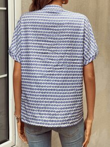 SHEIN LUNE Allover Print Notched Neck Batwing Sleeve Blouse - Blue and White - View 3