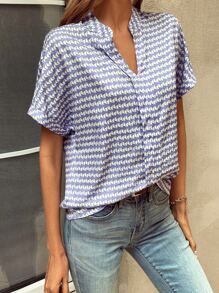 SHEIN LUNE Allover Print Notched Neck Batwing Sleeve Blouse - Blue and White - View 5