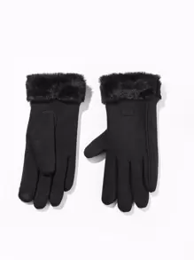 Guantes con diseño de etiqueta en contraste mullido - Negro - Ver 1