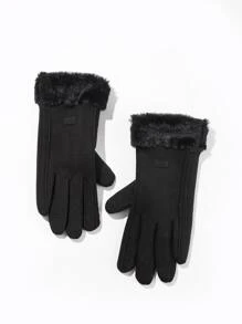 Guantes con diseño de etiqueta en contraste mullido - Negro - Ver 2