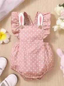 Baby Polka Dot Ruffle Trim Pocket Front 3D Ear Design Overall Bodysuit - Pink - View 1