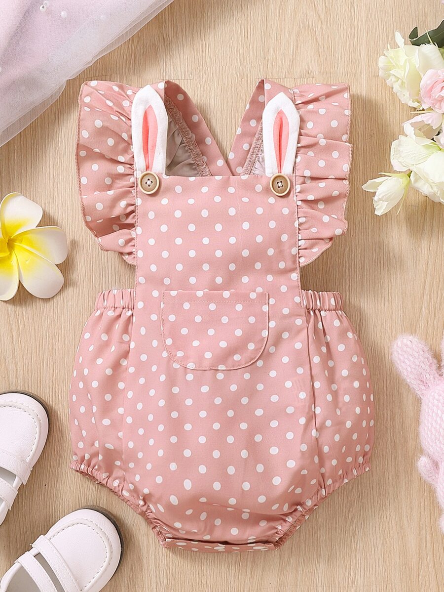 Baby Polka Dot Ruffle Trim Pocket Front 3D Ear Design Overall Bodysuit - Pink - View 1