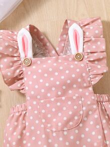 Baby Polka Dot Ruffle Trim Pocket Front 3D Ear Design Overall Bodysuit - Pink - View 3