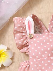 Baby Polka Dot Ruffle Trim Pocket Front 3D Ear Design Overall Bodysuit - Pink - View 5
