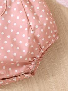 Baby Polka Dot Ruffle Trim Pocket Front 3D Ear Design Overall Bodysuit - Pink - View 6