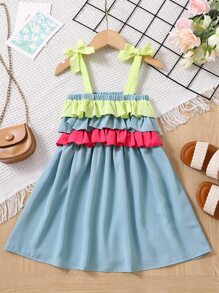 Niñas Vestido de tirantes de color combinado ribete con fruncido de hombros con cordón - Multicolor - Ver 1