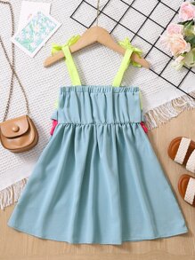 Niñas Vestido de tirantes de color combinado ribete con fruncido de hombros con cordón - Multicolor - Ver 2