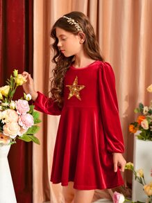 SHEIN Girls Sequin Star Pattern Velvet Dress - Red - View 6