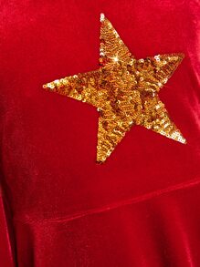 SHEIN Girls Sequin Star Pattern Velvet Dress - Red - View 7