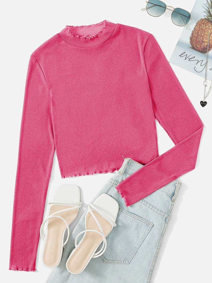 SHEIN BAE Lettuce Trim Sheer Glitter Top - Hot Pink - View 1