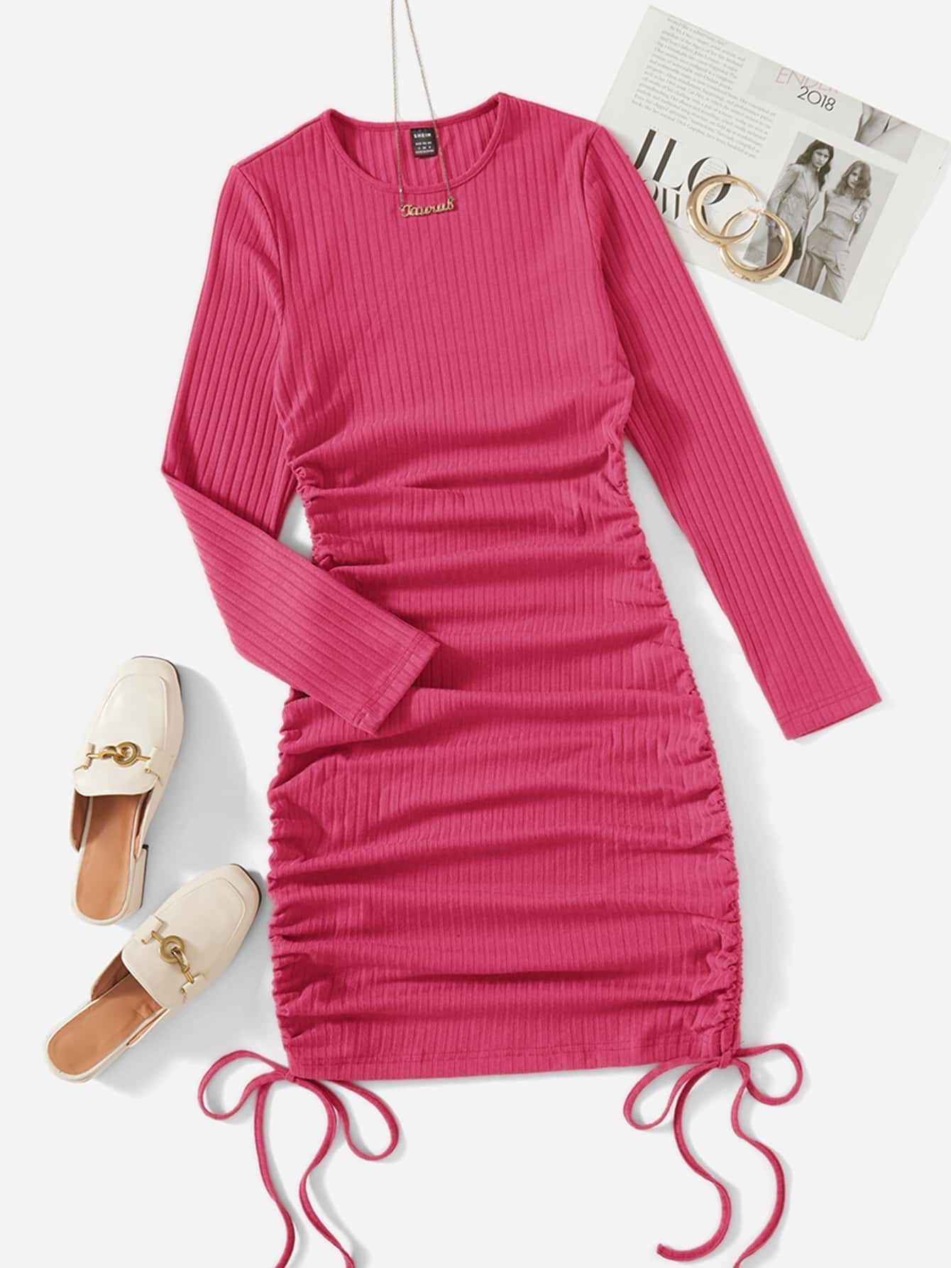 SHEIN EZwear Drawstring Ruched Side Solid Form Fitted Dress - Hot Pink - View 1