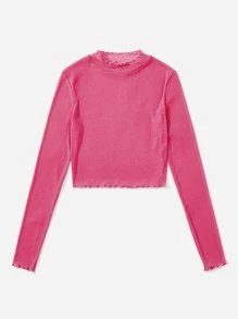 SHEIN BAE Lettuce Trim Sheer Glitter Top - Hot Pink - View 5