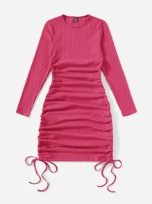 SHEIN EZwear Drawstring Ruched Side Solid Form Fitted Dress - Hot Pink - View 3