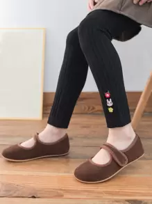 小女童卡通兔子和花卉刺繡褲襪 - 黑色 - 查看 2