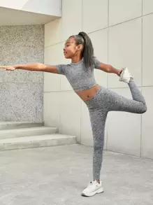 SHEIN Girls Marled Knit Crop Tee & Leggings - Light Grey - View 1