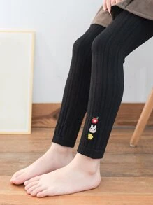 小女童卡通兔子和花卉刺繡褲襪 - 黑色 - 查看 3