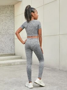 SHEIN Girls Marled Knit Crop Tee & Leggings - Light Grey - View 3