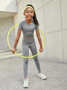 SHEIN Girls Marled Knit Crop Tee & Leggings - Light Grey - View 5