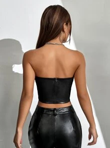 SHEIN BAE Hanky Hem PU Leather Tube Top - Black - View 2