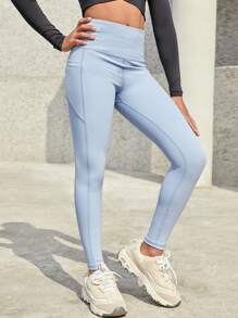 SHEIN Girls Solid Tummy Control Leggings With Phone Pocket - Baby Blue - View 1