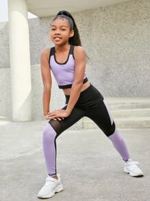 SHEIN Girls Colourblock Contrast Binding Tank Top & Leggings - Multicolor - View 5