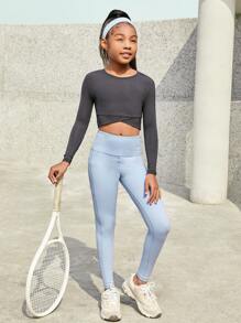 SHEIN Girls Solid Tummy Control Leggings With Phone Pocket - Baby Blue - View 3