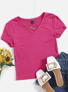 SHEIN EZwear V領螺紋針織素色T恤 - 玫紅色 - 查看 1