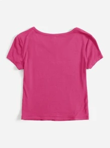 SHEIN EZwear V領螺紋針織素色T恤 - 玫紅色 - 查看 2