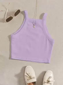 SHEIN EZwear Gân đan Crop Cami Với Dây đai , Thích hợp Cho mùa hè - Màu Lilac Tím - Xem 2