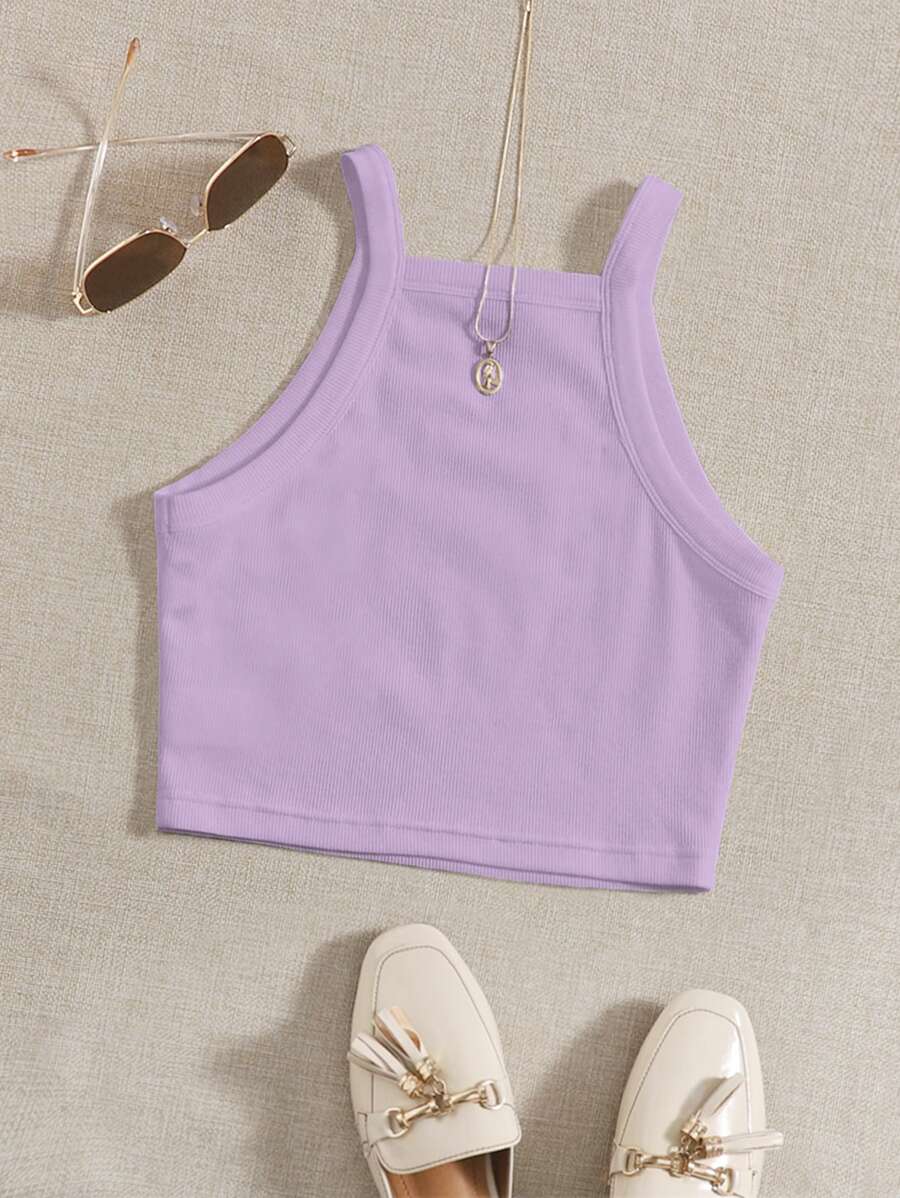 SHEIN EZwear Gân đan Crop Cami Với Dây đai , Thích hợp Cho mùa hè