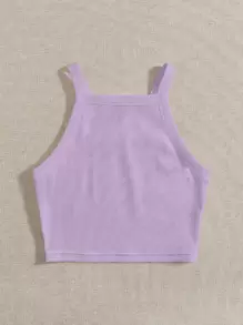 SHEIN EZwear Gân đan Crop Cami Với Dây đai , Thích hợp Cho mùa hè - Màu Lilac Tím - Xem 3