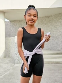 SHEIN Cô gái Tween Chất rắn Scoop Cổ Romper - màu đen - Xem 1