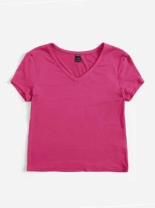 SHEIN EZwear V領螺紋針織素色T恤 - 玫紅色 - 查看 4