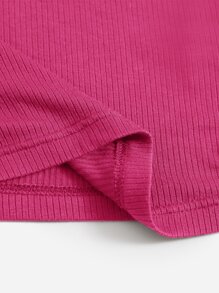 SHEIN EZwear V領螺紋針織素色T恤 - 玫紅色 - 查看 5