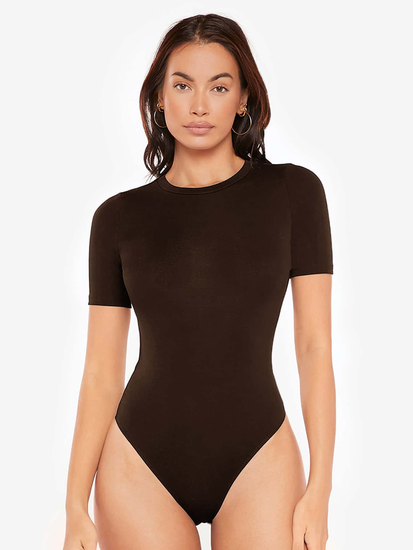 SHEIN BASICS Solid Form Fitted Bodysuit - Coffee Brown - View 1