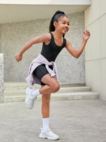 SHEIN Cô gái Tween Chất rắn Scoop Cổ Romper - màu đen - Xem 6