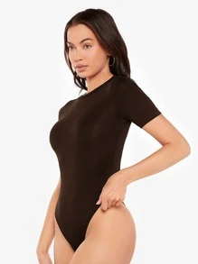 SHEIN BASICS Solid Form Fitted Bodysuit - Coffee Brown - View 3