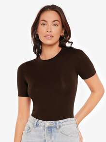 SHEIN BASICS Solid Form Fitted Bodysuit - Coffee Brown - View 4